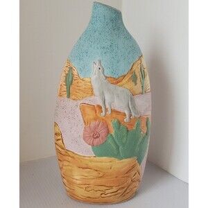 Southwestern Original 3d Studio Art Pottery Wolf Vase Floral Cactus Desert Decor